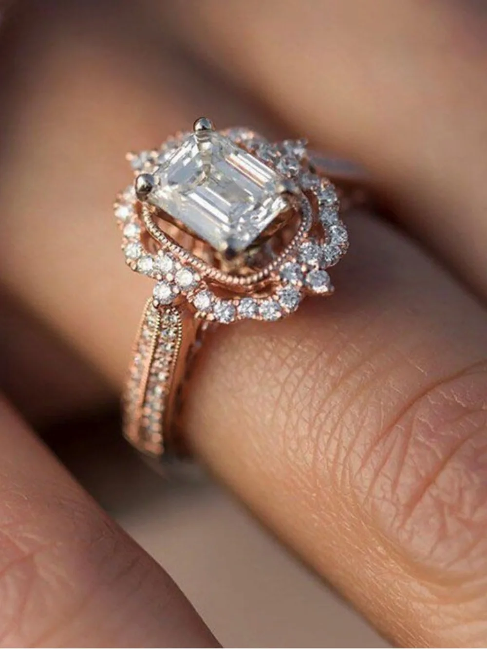 2.50 CT Emerald Cut Moissanite Unique Halo Engagement Ring 14k Rose Gold Plated